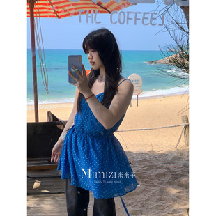 米米子微胖大码胖mm“海蓝狂想曲”休闲甜美宽松克莱因蓝波点吊带