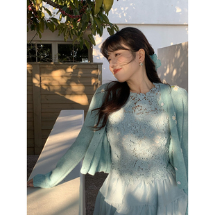 米米子微胖大码胖mm 甜美休闲保暖湖蓝色温柔风立体钩花毛衣女春