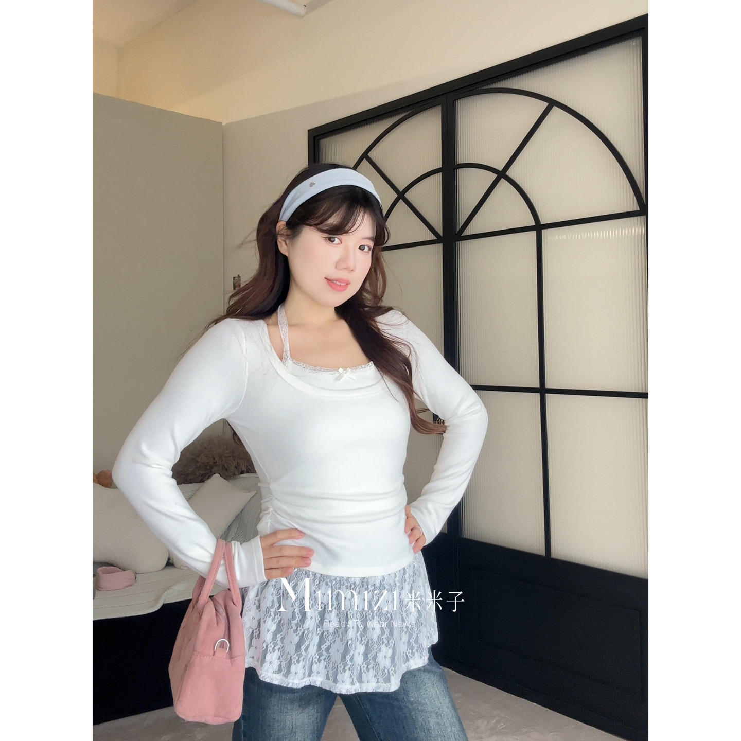 米米子微胖大码胖mm“纯白星河”甜美风修身假两件蕾丝挂脖上衣冬
