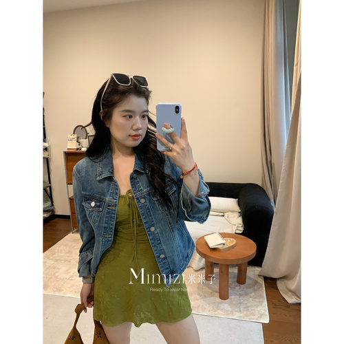 米米子微胖大码胖mm“蓝调骑士”别致正肩洗水蓝修身显瘦牛仔外套