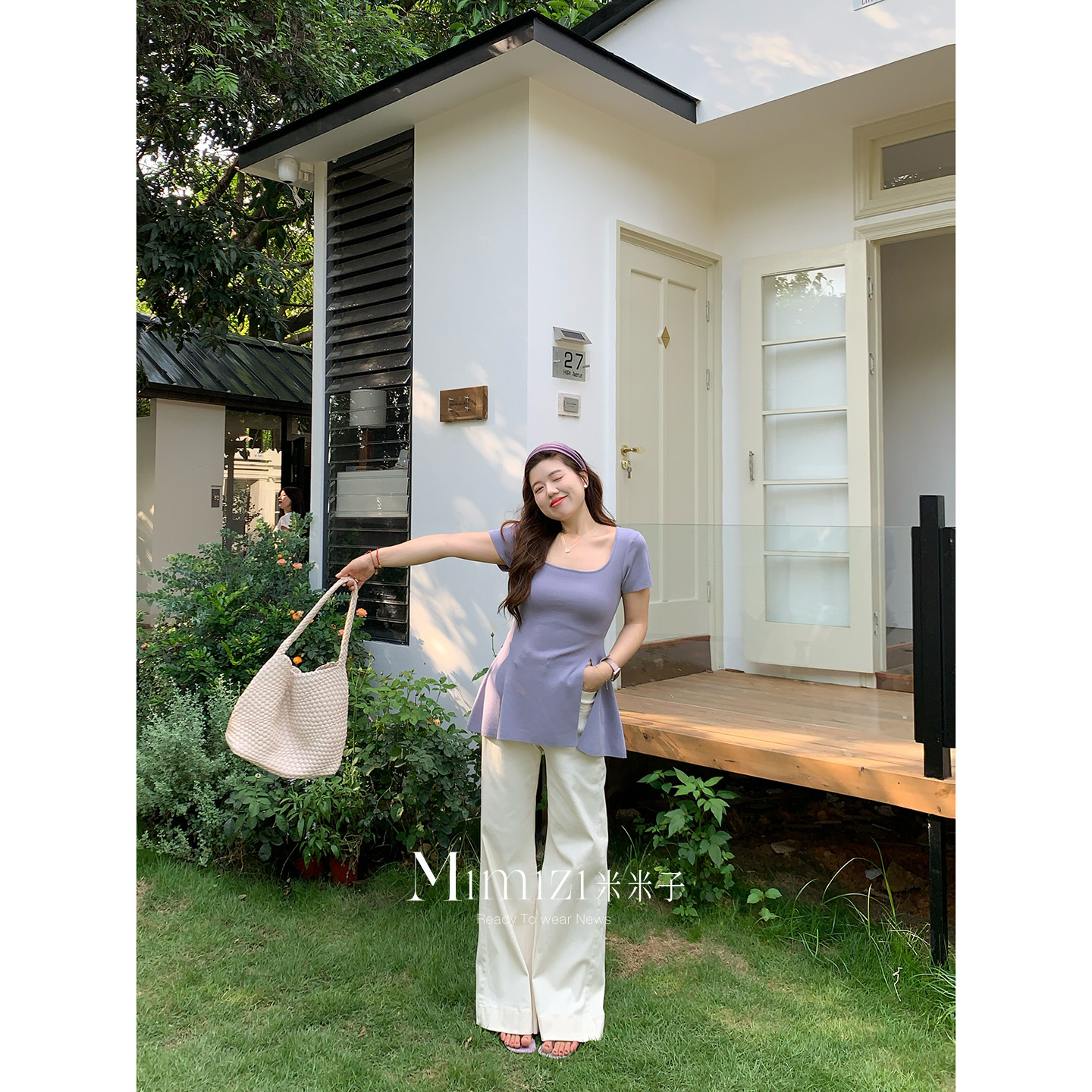 米米子微胖大码胖mm“掐腰天才”休闲风方领收腰开衩冰丝凉感T恤