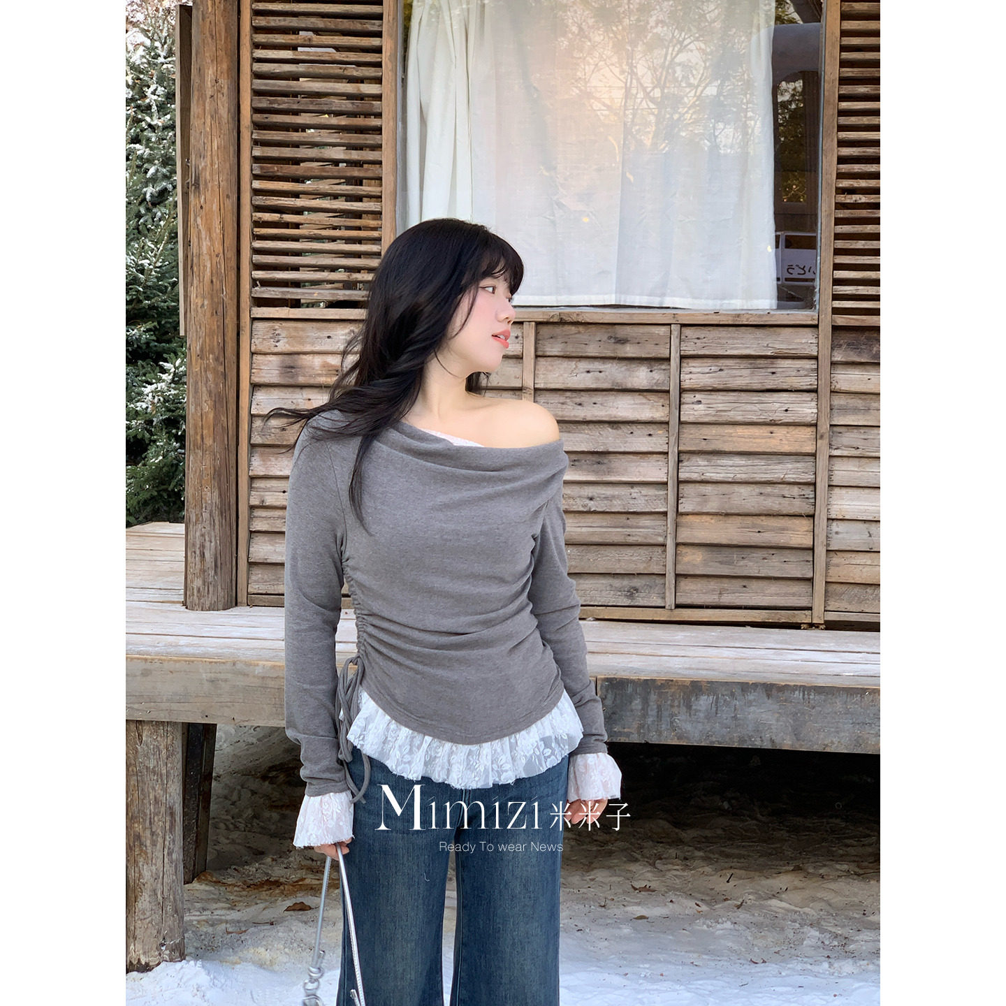 米米子微胖大码胖mm“斜奏灰律”甜美风假两件修身蕾丝拼接上衣冬