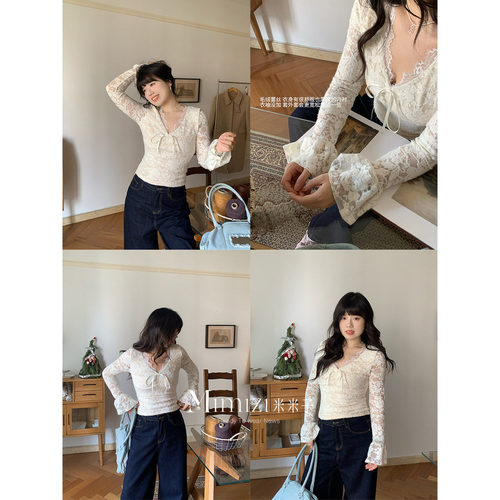 米米子微胖大码胖mm“罗曼莉丝”少女风雪尼尔蕾丝磨毛打底上衣冬