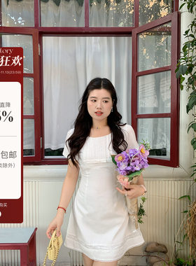 米米子微胖大码胖mm 温柔少女蕾丝拼接圆领A字白色短袖连衣裙夏