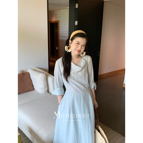 米米子微胖大码胖mm“雾岛青禾”极简风收腰宽松感棉麻收腰连衣裙