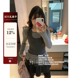 韩系甜美修身 返校韩女 假两件波点花边上衣 胖mm 米米子微胖大码