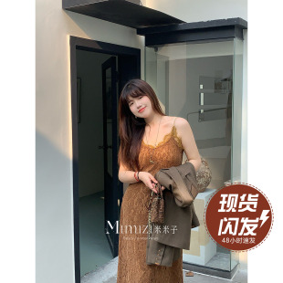无袖 米米子微胖大码 中古风休闲修身 深秋焙茶 蕾丝吊带裙秋 胖mm