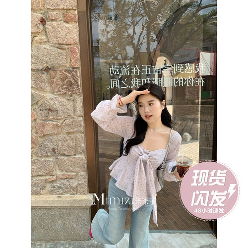 米米子微胖大码胖mm“紫樱轻语”甜美风方领碎花蝴蝶结收腰上衣春