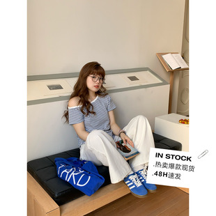 胖mm 气质百搭修身 米米子微胖大码 时尚 T恤女夏 条纹斜肩短袖 长袖