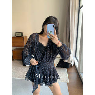 米米子微胖大码胖mm“墨雨蔷薇”优雅风收腰碎花V领绑带连衣裙春