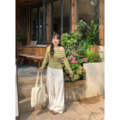 米米子微胖大码胖mm 牛油果绿蕾丝荡领套头假两件针织长袖上衣春