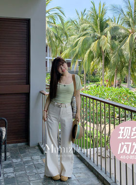 现货米米子微胖大码胖mm“小细腿儿”清新别致独特黑白阔腿牛仔裤