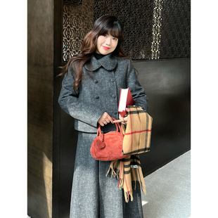 双排扣麻灰色毛呢上衣半裙套装 米米子微胖大码 厚款 雪夜 冬 胖mm