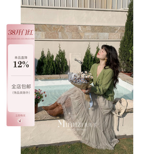 米米子微胖大码胖mm“汨罗之恋”甜美仙女风灰绿色大裙摆纱裙春