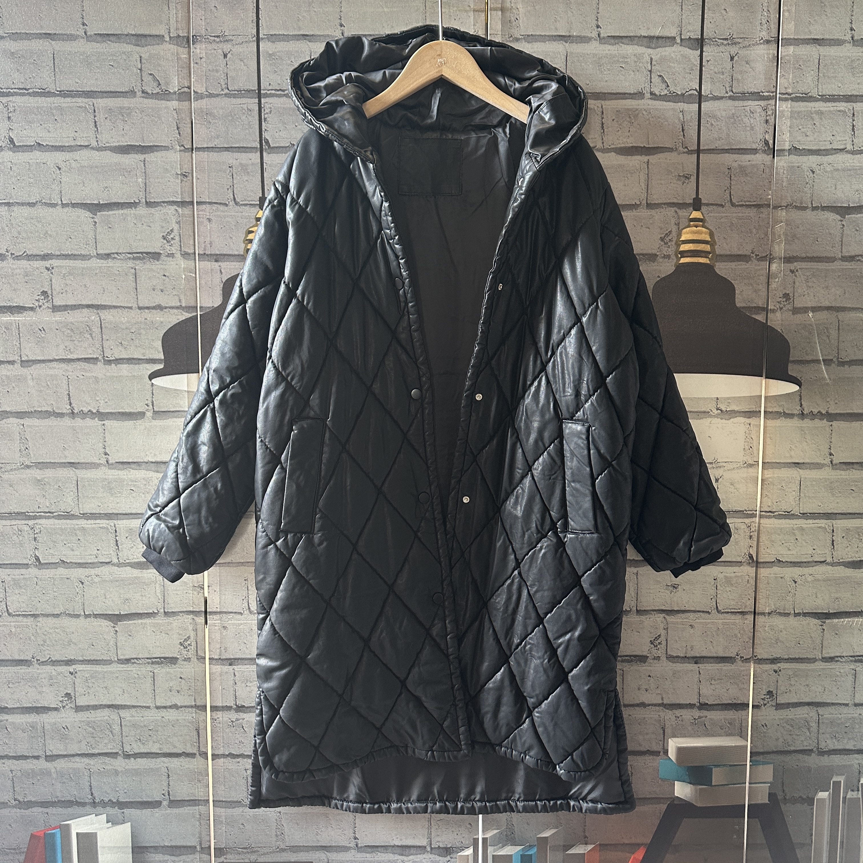 胸围106衣长90原单高货复古皮衣连帽宽松大码pu皮棉衣大衣女