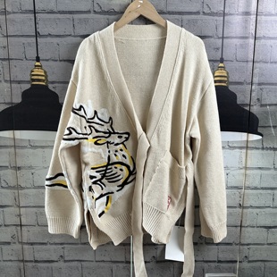 牌子的原单宽松大码开衫系带提花长袖外搭毛衣女