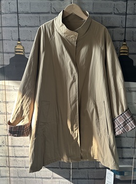 牌子的原单宽松大码格子拼接有内衬春秋款薄款立领风衣女B224