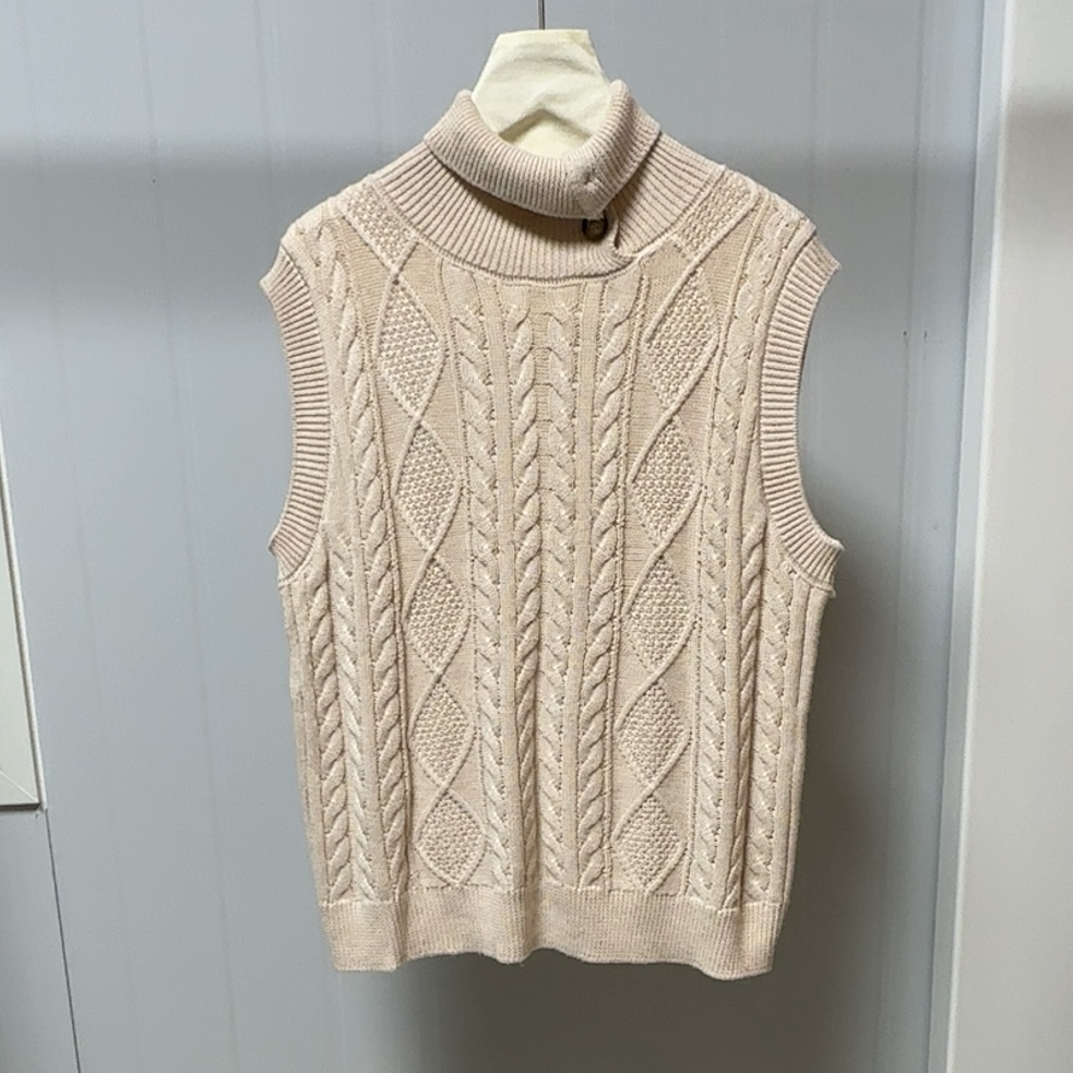 胸围100-1120衣长60柔软针织高领纽扣可开棉混纺马甲上衣女