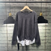 拼接中款 长袖 毛衣上衣春季 高级感气质灰色针织条纹衬衫 女装 C443