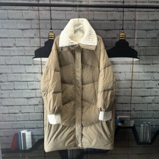 微瑕疵领子下面小破洞中长款 羽绒服拼色大衣女C642