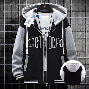 美式外套男孩卫衣套装秋冬初高中学生帅气棒球服夹克青年大童男装