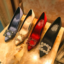 尖头单鞋 新款 绸缎红色新娘鞋 细中跟婚鞋 女结婚 水钻方扣黑色高跟鞋