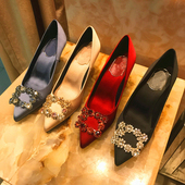 水钻方扣黑色高跟鞋 细中跟婚鞋 绸缎红色新娘鞋 新款 尖头单鞋 女结婚