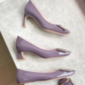 爆款 网红方扣粗跟法式 高跟鞋 2025新款 女鸢尾紫方头平底中跟单鞋 女