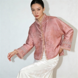华韵风华·桑蚕丝水貂毛提花棉服外套新中式 国风女气质高级感上衣
