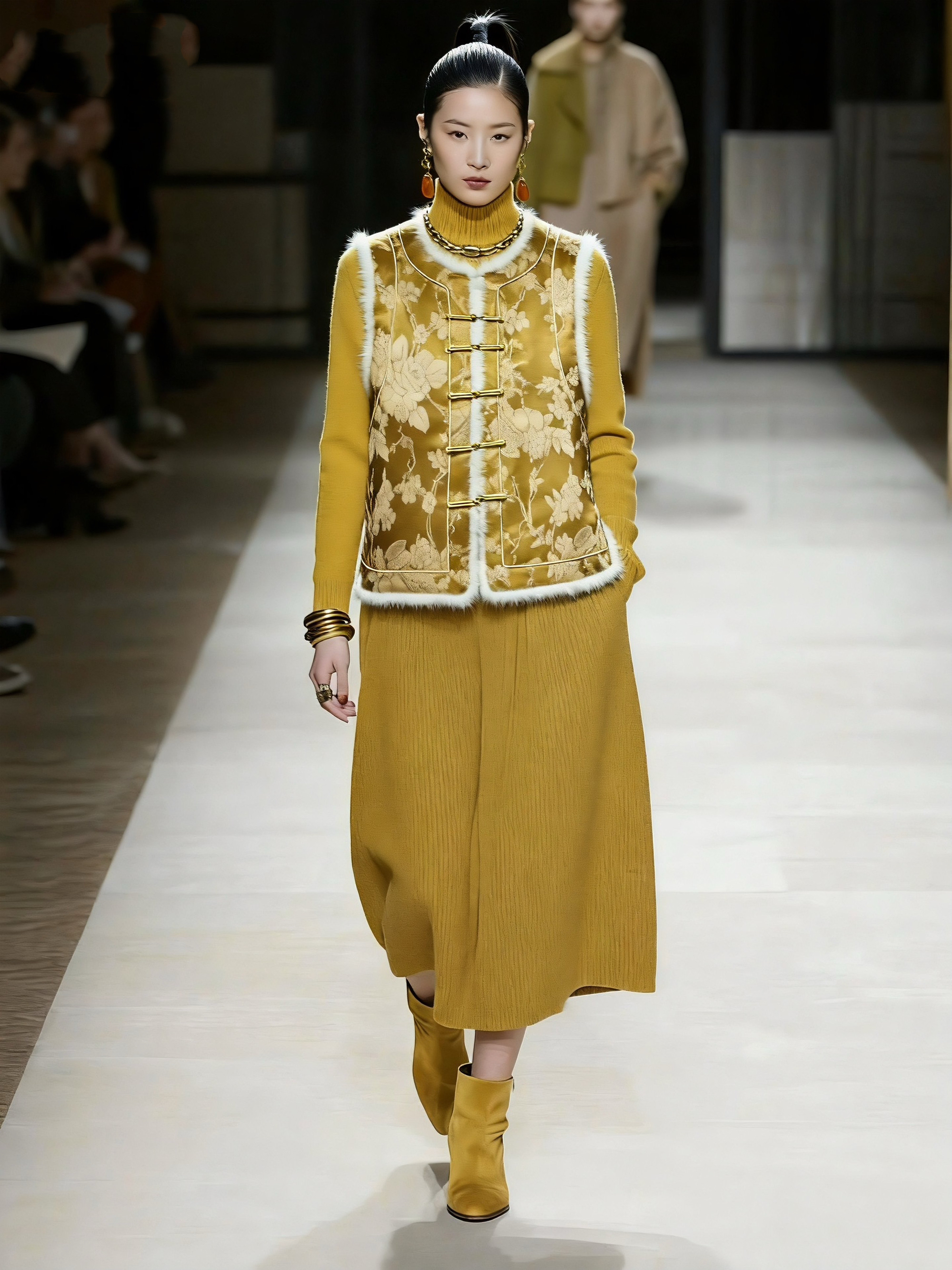 华韵风华 提花新中式国风女无袖马甲圆领高级感上衣毛边秋冬加厚