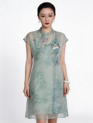 华韵风华·100%桑蚕丝真丝法绣新中式国风连衣裙女夏季新款裙子