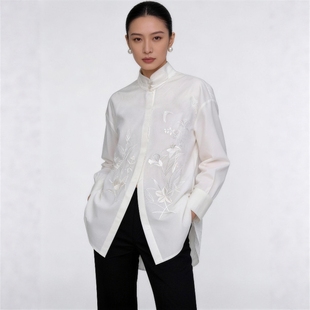 华韵风华·纯棉重工刺绣衬衫大码女装新中式女立领上衣盘扣宽松