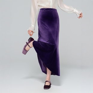华韵风华·桑蚕丝丝绒复古半身裙修身显瘦女高腰A字长裙优雅气质
