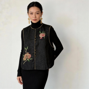 华韵风华·香云纱真丝刺绣薄棉马甲新中式国风女高级感无袖上衣