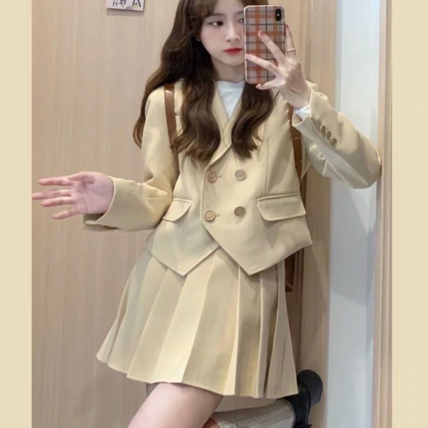 小个子辣妹西装百褶裙职业两件套装时尚网红炸街可盐可甜女早春秋