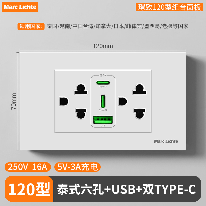 120型美式USB快充15W双位Type-C充电插座越南泰国美标泰式6孔面板