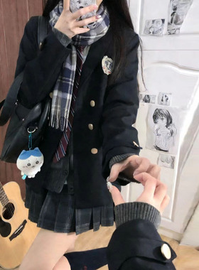 `原创JK服学院风正版校供西装外套女三件套收腰叠穿黑色西服jk裙