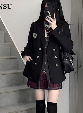日系原创jk制西装外套女校供感学院风秋冬黑色双排扣西服全套JK裙