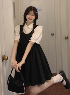 SICA法式公主裙套装泡泡袖气质花边衬女衫+背带裙背心连衣裙甜美