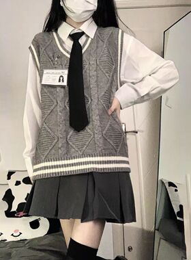 灰色马甲衬衫两件套女针织毛衣背心叠穿上衣学院风jk制服套装秋冬