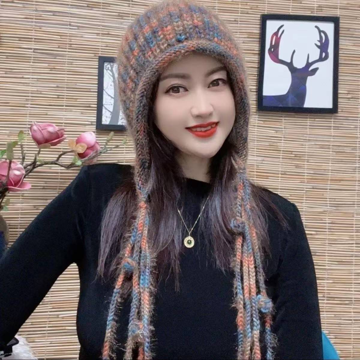 手工帽流苏辫子帽子2025秋冬保暖护耳包头帽女毛线帽显脸小帽子