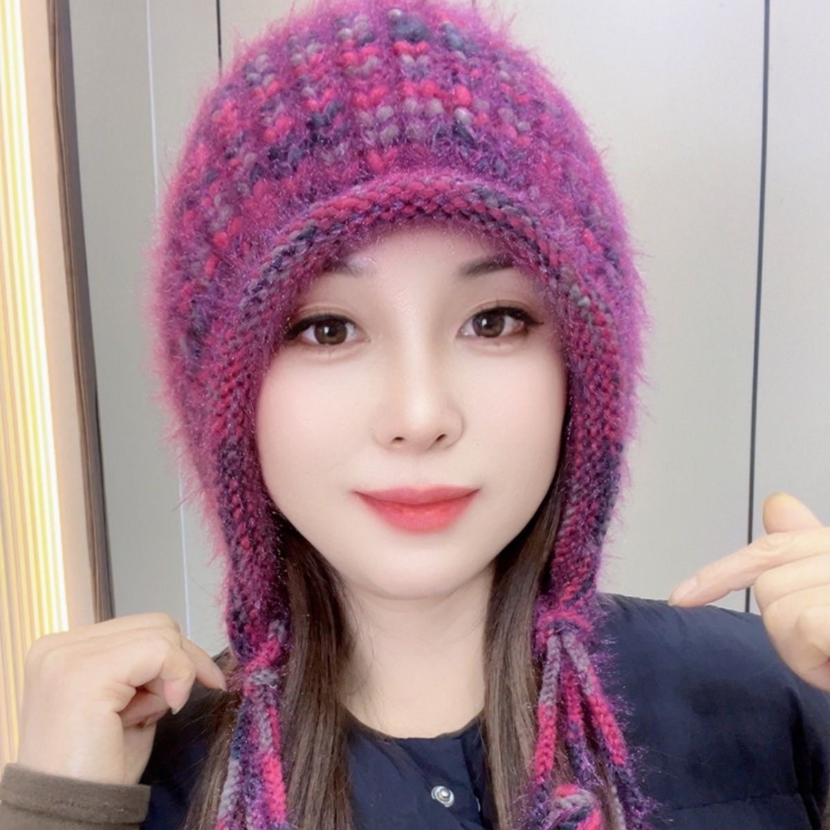 新款彩虹时尚针织流苏保暖帽松鼠绒毛线帽加厚加绒潮流帽