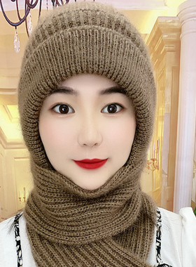 加绒加厚女士帽子冬季女保暖冬天帽子围巾一体松鼠绒风雪帽网红款