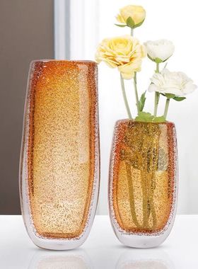 高档轻奢琥珀色玻璃花瓶客厅摆件餐桌插花水培鲜花装饰厚重琉璃瓶