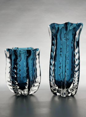 厚重轻奢波浪纹蓝色琉璃花瓶水培绿植玻璃插画容器家居高频品质摆