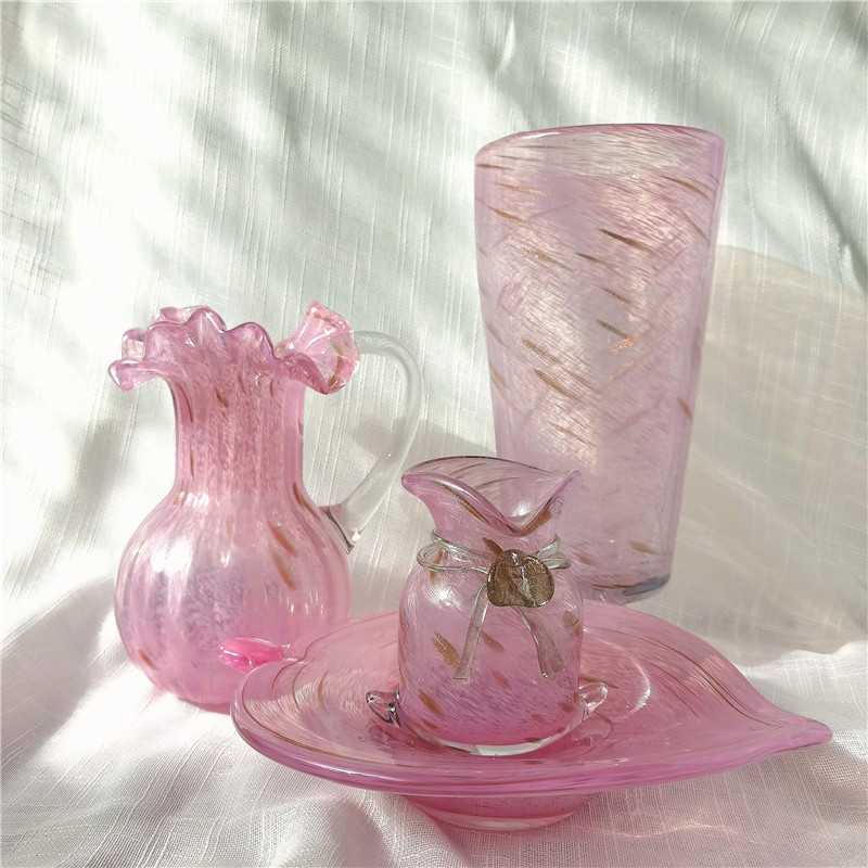国外定制中古vintage玻璃花瓶粉色把手壶高脚钱袋摆件桌面工艺品,家居饰品,花瓶,淘宝优惠券,粉丝福利购,淘宝优惠卷