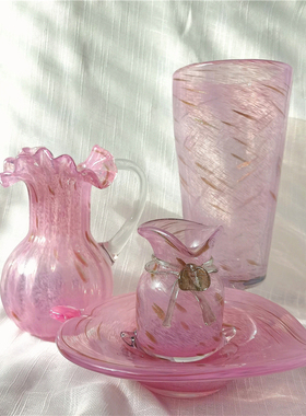 国外定制中古vintage玻璃花瓶粉色把手壶高脚钱袋摆件桌面工艺品