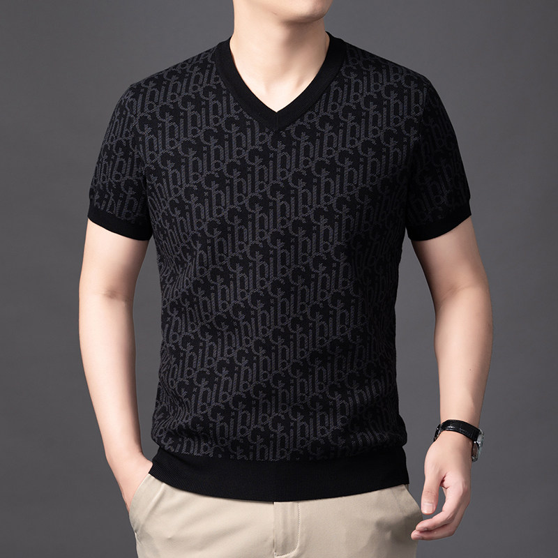 胖子男V领短袖提花针织衫