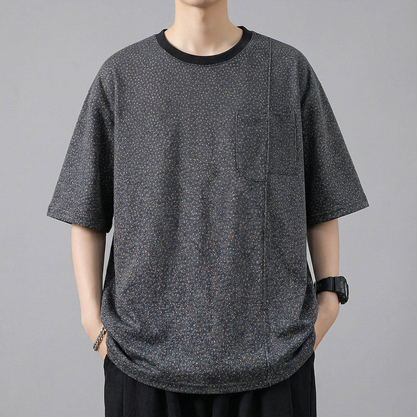 宸轩加肥加大码男装美式复古短袖T恤胖子宽松圆领口袋慵懒风上衣