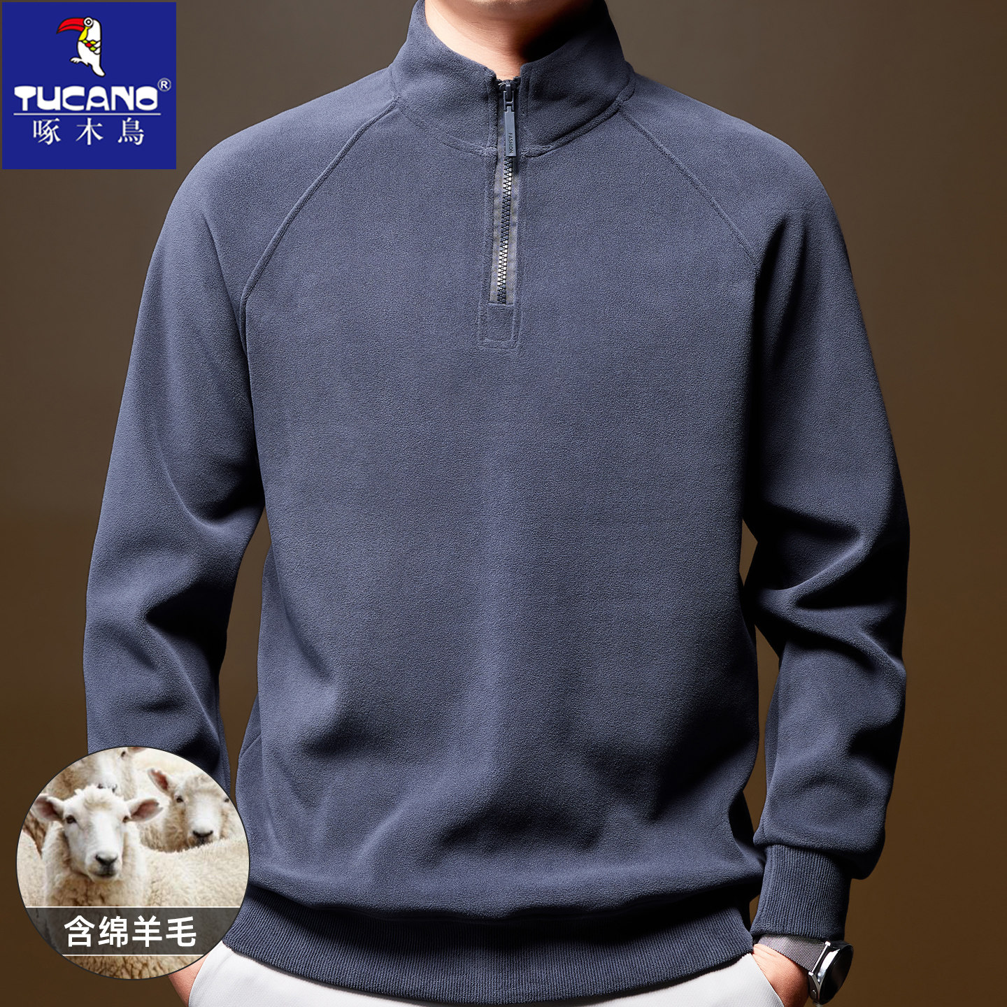 啄木鸟绵羊毛冬季立领拉链卫衣男士保暖宽松休闲新款运动毛衣外套